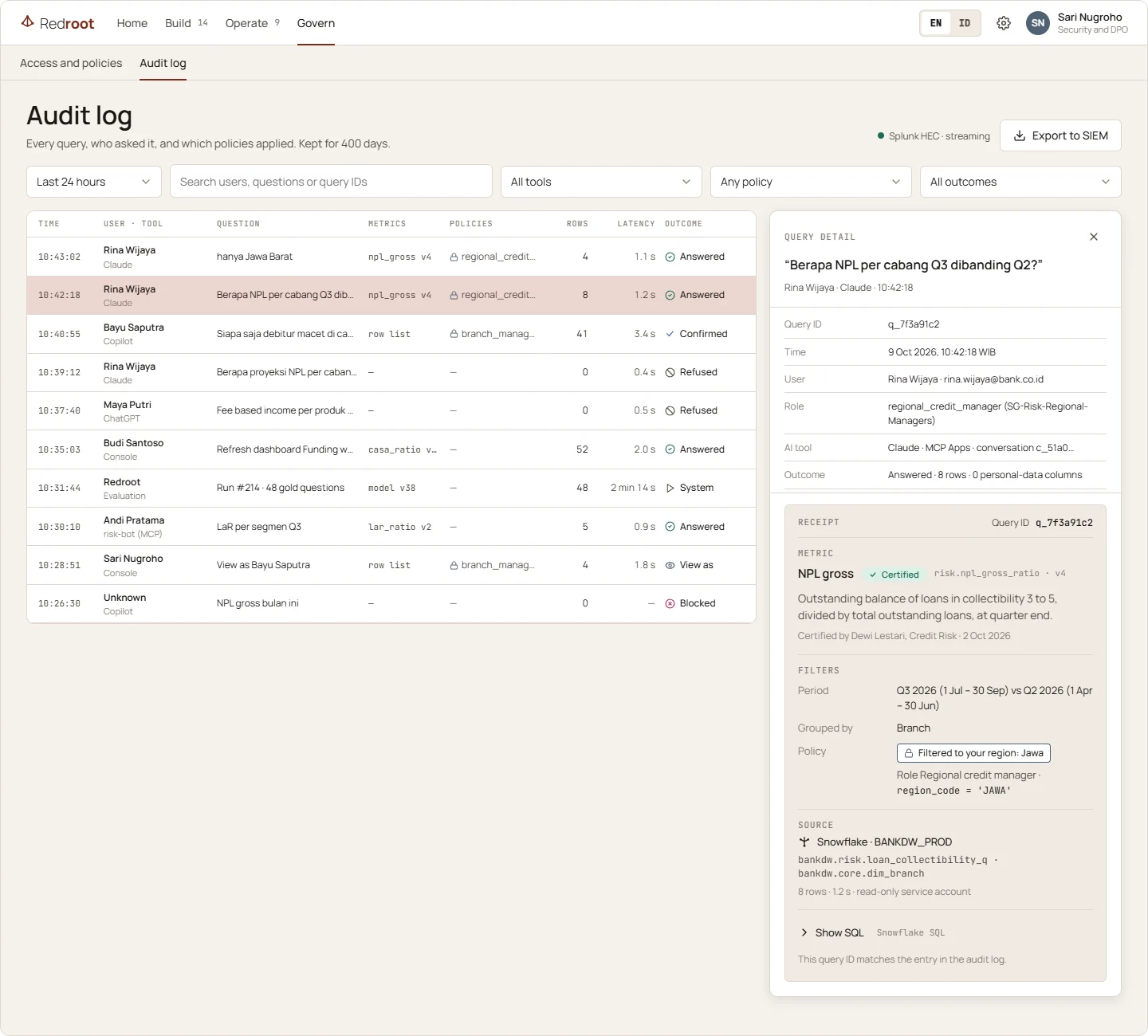 Audit log with a query open: user, AI tool, role, policies applied and the same receipt the user saw in chat.