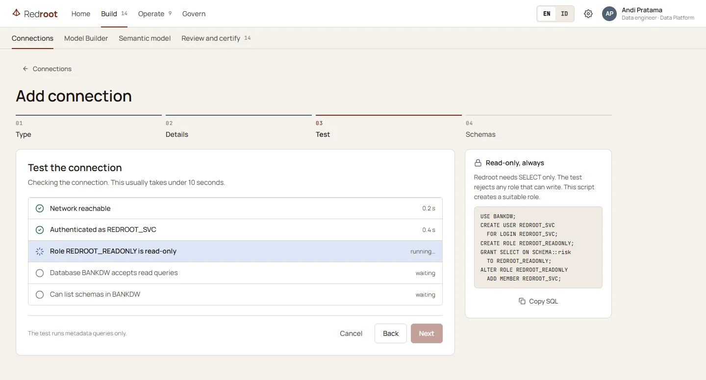 Add connection wizard, test step: network, authentication, read-only role and schema checks running.
