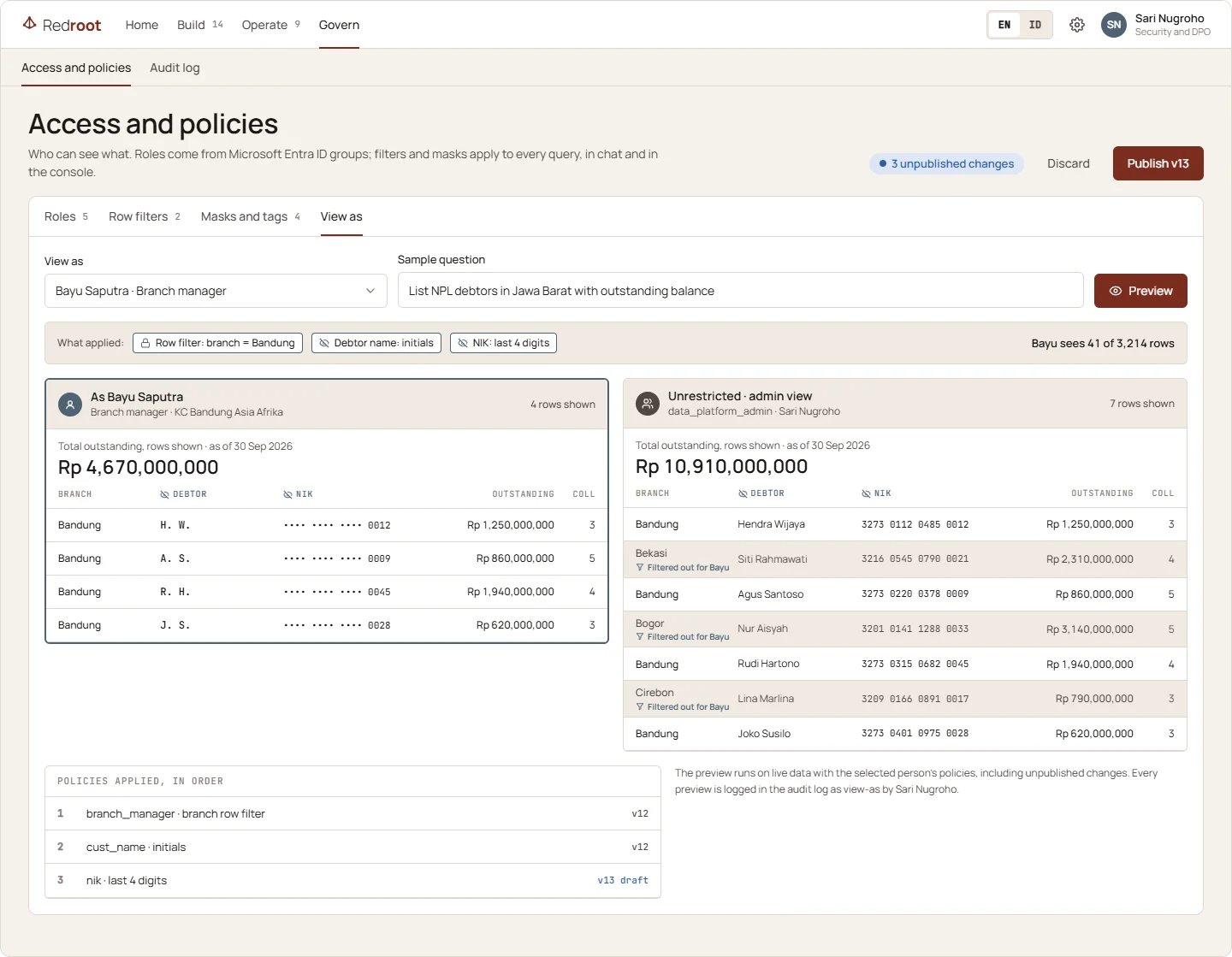 Access and policies, View as: the answer Bayu Saputra, a branch manager, would get, beside the unrestricted admin view. Rows from other branches are filtered out and the debtor name and NIK columns are masked.